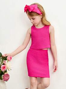 SHEIN 2pcs Young Girls Knit Solid Color Cropped Tank Top And Skirt Set - Hot Pink - View 1