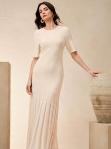 Anewsta New Design Sense Semi-Sheer Body-Conscious Round Neck Short Sleeve Knit Dress - Apricot - View 3