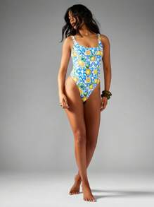 MISSGUIDED Italian Lemon Print One Piece Swimsuit Mediterranean Style Square Neck Swimming Costume Vacation Beach Pool Summer Resort Wear Blue White Pattern - Multicolor - View 3