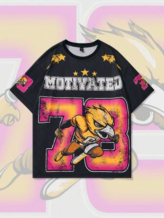 Prep Herren lässiges Shirt mit Buchstaben- und Cartoon-Muster in locker geschnittener Passform, Kurzarm Sportshirt