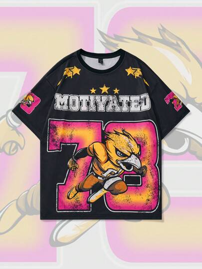 Prep Men's Jersey Casual Letter & Cartoon Print Loose Fit Short Sleeve Sports T-Shirt