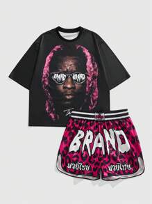 ROMWE MEN Street Life Men's Hip Hop Graphic Print T-Shirt And Leopard Print Shorts Set, Summer