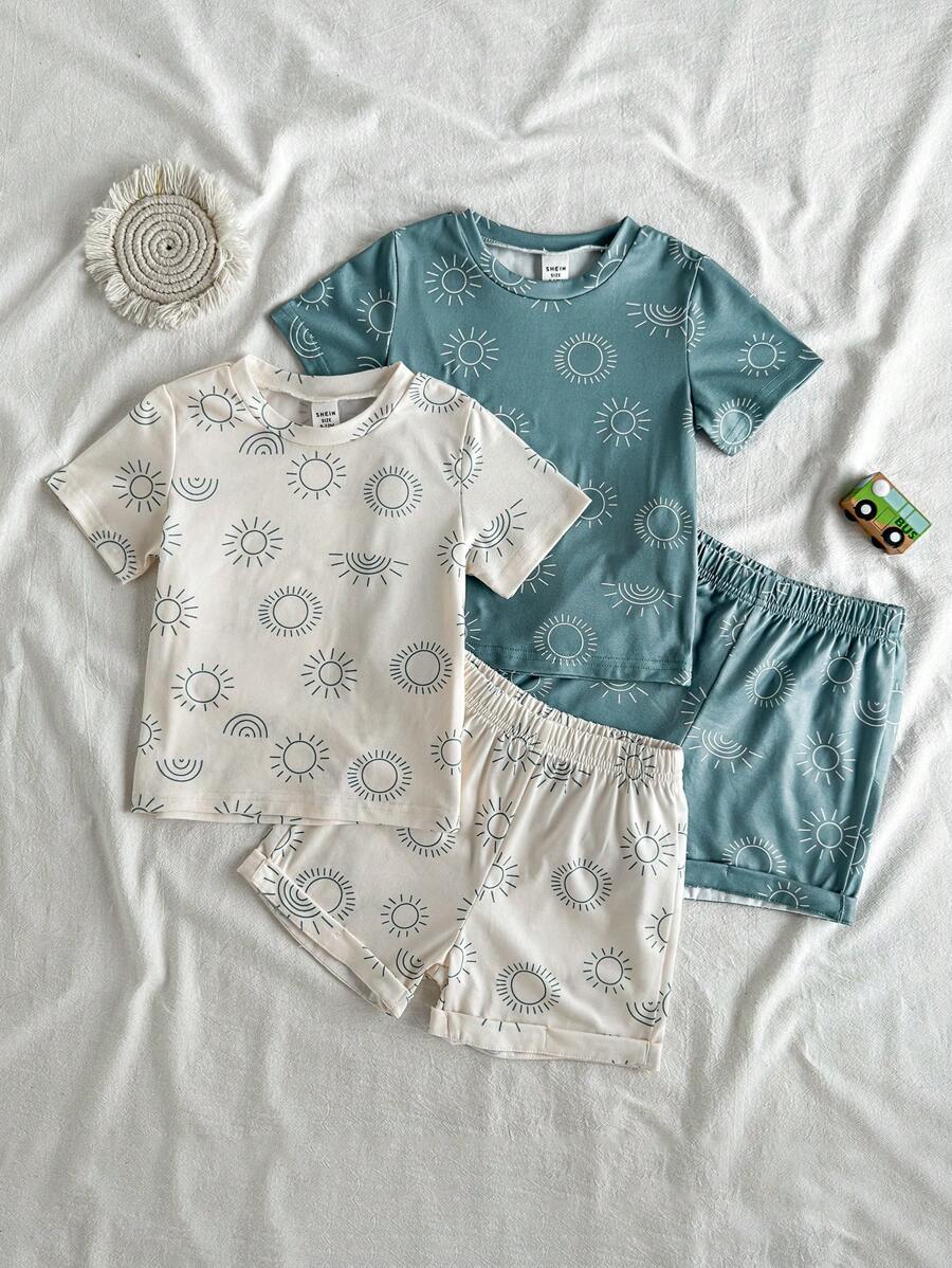 Vintaside Kids Conjunto de 4 piezas para bebé niño con camiseta de manga corta de cuello redondo y shorts de verano, fabricado en tela de punto, versión holgada, en estilo beige y verde grisáceo, fresco y versátil, de estilo de moda sencillo. La camiseta de cuello redondo y manga corta es cómoda y generosa, los shorts son holgados y con forma. La camiseta y los shorts están equipados con estampados de sol, llenos de vitalidad y diversión. Adecuado para deportes, ocio en casa, parque de diversiones, deportes, fotos padres-hijos, fiestas y talla grande.
