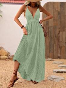Breezaya Summer Vacation Style Sleeveless Spaghetti Strap Dress - Deep V-Neck And Large Backless Design, Large Skirt Textured Fabric Women's Long Dress​ - Green - View 3