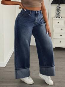 SHEIN SXY Plus Size Medium Wash Denim Extra Long Wide Leg Jeans With Zipper Detail - Medium Wash - View 6