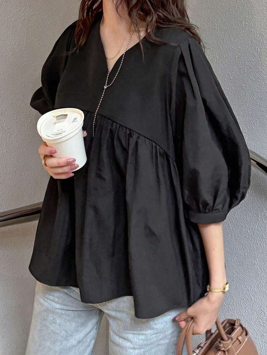 FRIFUL 女式黑色 V 领泡泡袖衬衫，夏季服装，荷叶边