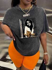 Livia Canto Studio Camiseta suelta regular con cuello redondo para mujer, con estampado artístico de copo de nieve fritas en color gris, adecuada para el verano