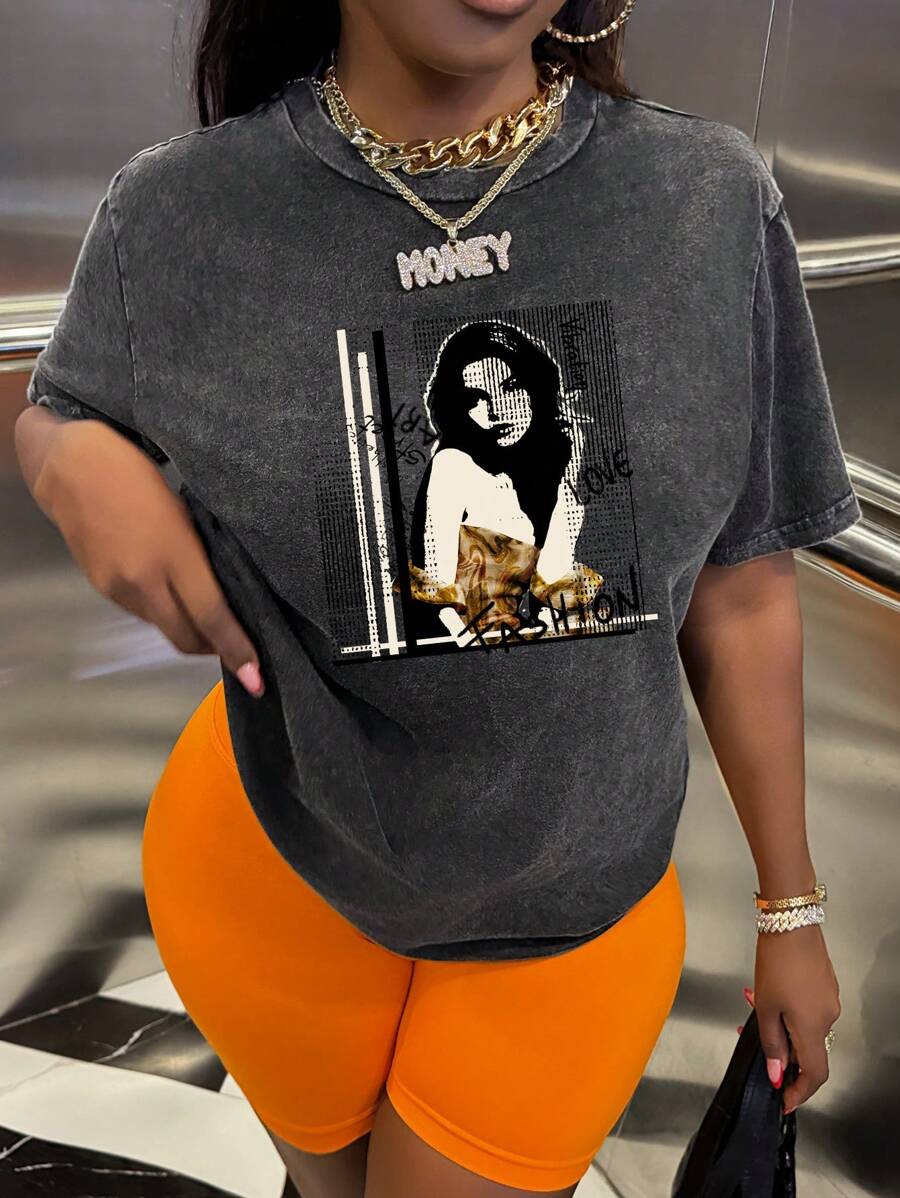 Livia Canto Studio Camiseta suelta regular con cuello redondo para mujer, con estampado artístico de copo de nieve fritas en color gris, adecuada para el verano