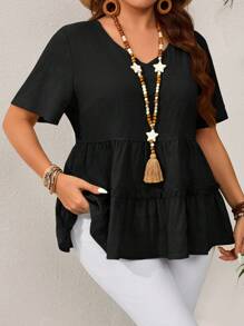 EMERY ROSE Plus Size Women V-Neck Texture Ruffled Hem Holiday Blouse,Spring Summer - Black - View 4