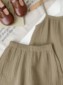 SHEIN LMoss Kids 2pcs Young Girls Summer Casual Loose Spaghetti Strap Camisole And Pleated Hem Shorts Set - Grey - View 6