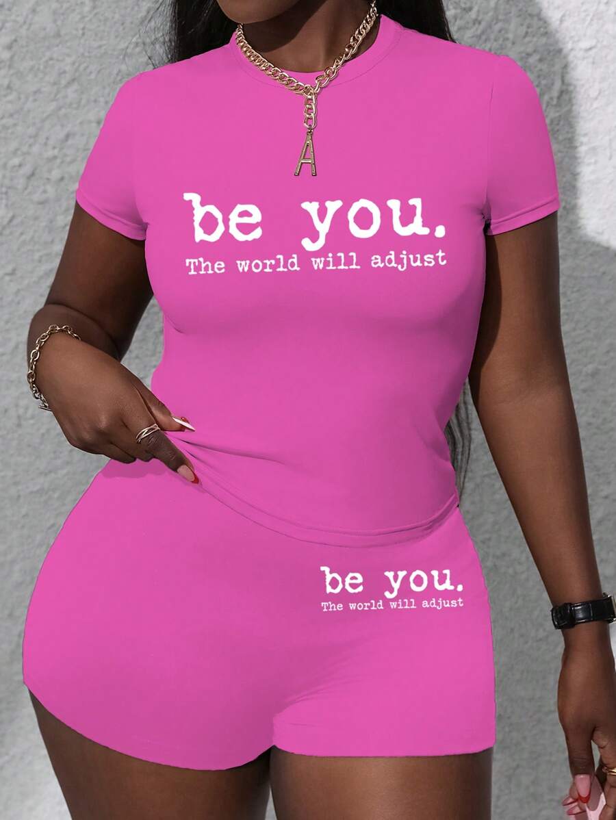 INAWLY 2pcs Summer Leopard Print Graphic T-Shirt And Shorts Set For Women, Fitted Cut - Hot Pink - View 1