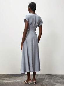 Lumivelle Women's V-Neck Batwing Sleeve Solid Color Waisted Knee-Length Dress - Grey - View 2