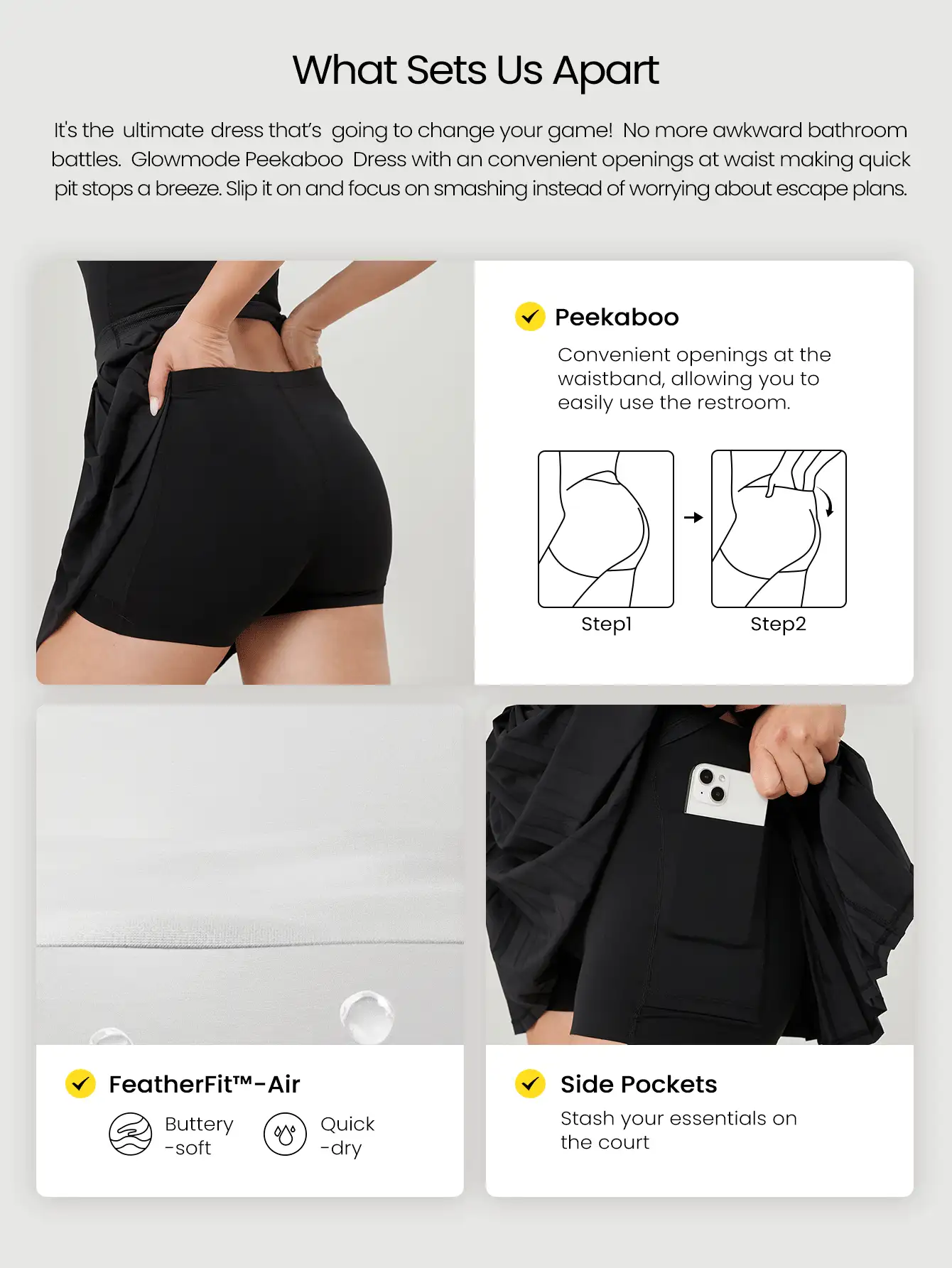 GLOWMODE FeatherFit™-Air 速干网球内置罩杯褶皱露肩弹力腰带连衣裙内置短裤侧袋低冲击跑步训练健身健身房