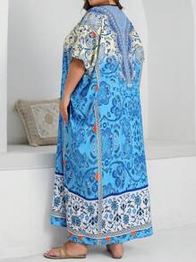 Al Najma Robe arabe à manches chauve-souris à imprimé floral pour femmes grandes tailles, convient pour les vacances - Bleu azur - Voir 2
