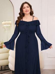 Modelyn Vestido midi elegante de mujer de talla grande con hombros descubiertos, mangas largas, volantes y bajo acampanado de tela de malla - Azul - Ver 3