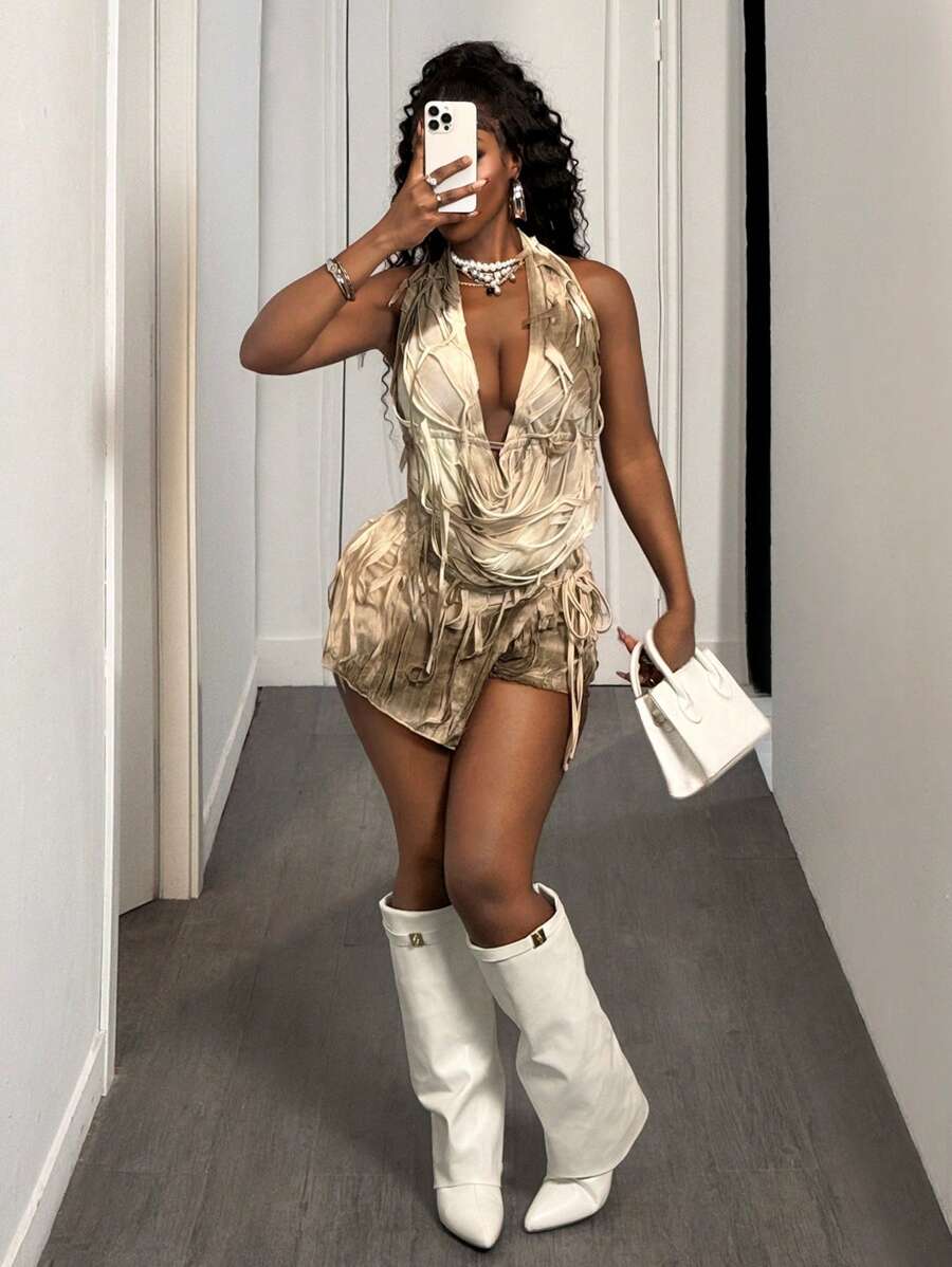 BamGleam Women's Solid Color Halter V-Neck Casual Shorts, Fashion And Suitable For Summer - Camel - View 1