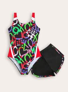 SHEIN New Fashion Teenagers Girls Lettering Print Swimsuit Set - Multicolor - View 1