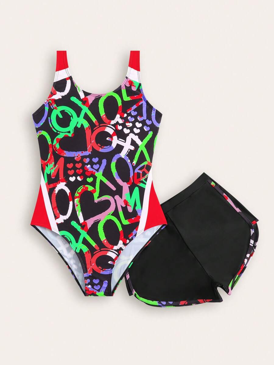SHEIN New Fashion Teenagers Girls Lettering Print Swimsuit Set - Multicolor - View 1