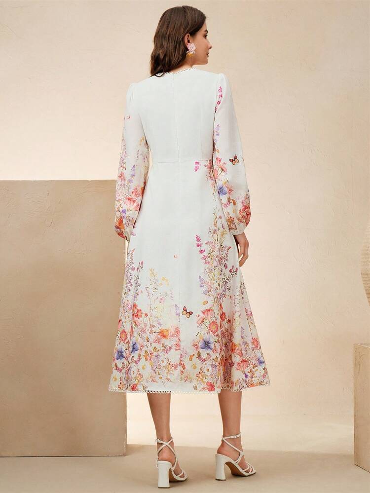 Women's Floral Print V-Neck Cinched Waist Lantern Sleeve Long Dress, Elegant Holiday / Wedding Guest Dress, Spring Outfits