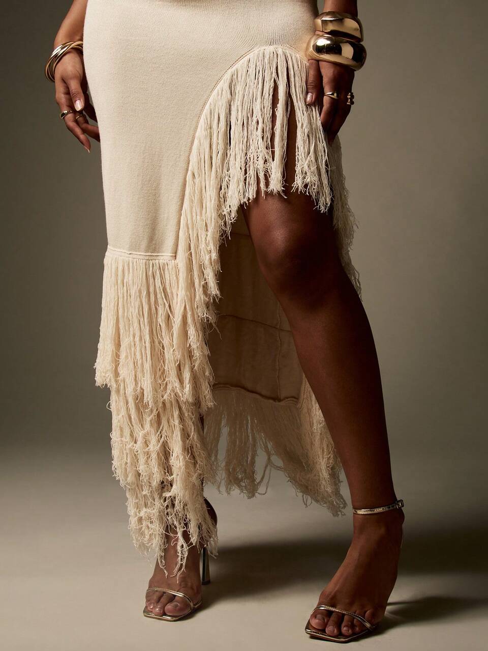 MISSGUIDED Asymmetric Fringe Hem Ribbed Knit Maxi Dress Sleeveless Tank Style Evening Party Special Occasion Long Dress With Statement Jewelry