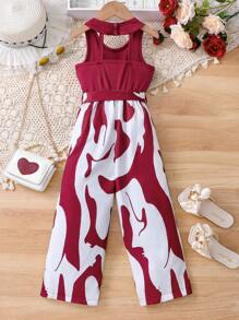 年轻女孩罗纹印花贴片连体裤，带吊带领，无袖露背设计，自系腰带，夏季 - 酒紅色 - 查看 2