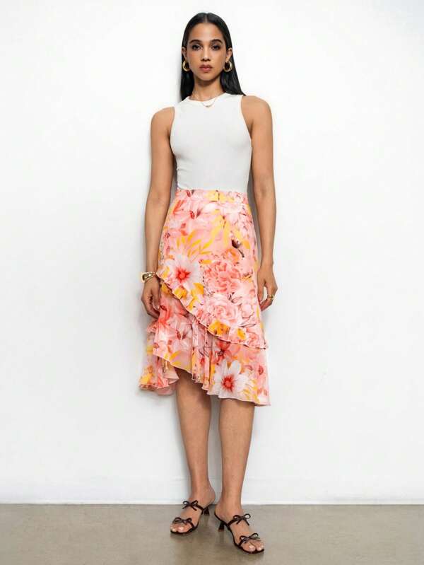 SNOW XUE GAO Falda de gasa asimétrica con volantes y estampado floral para verano, ideal para boda, fiesta formal, trabajo o eventos de resort