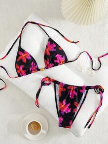 Swim Vcay Summer Holiday Sexy Floral Halter Open Back Bikini Set - Multicolor - View 2