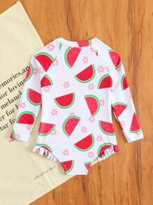 女宝宝西瓜印花圆领长袖休闲沙滩连体泳衣