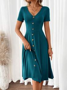 SHEIN Clasi Đầm chữ A tay ngắn cổ chữ V thanh lịch dành cho nữ màu xanh lá cây - Màu xanh ngọc - Xem 4