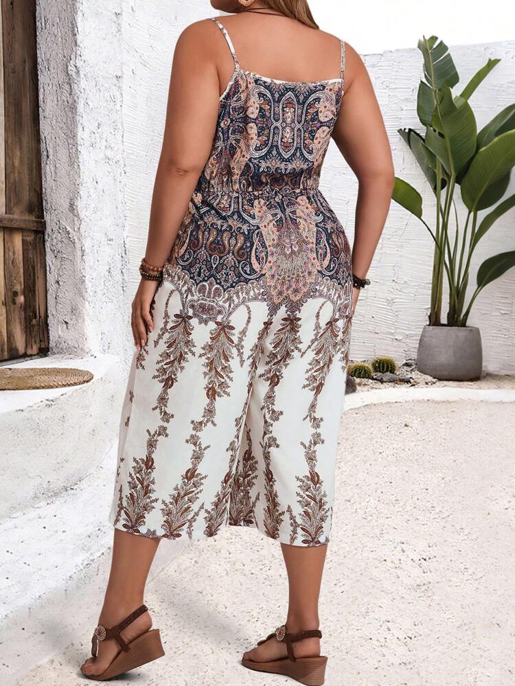 Plus Size Vintage Floral Print Camisole Jumpsuit, Casual Vacation Wear,Summer Clothes,Vacation Outfits Woman / Vacation,Boho Women Clothing