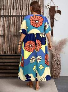 EMERY ROSE Plus Size Round Neck Short Sleeve Floral Print Simple Long Dress,Spring Outfits For Women,St Patrick Day Outfit,Summer Outfits For Women,Vacation Outfits Woman,Concert Outfit Women,Easter Outfit Women,Easter Outfit Women,Country Concert Outfit, Western Wear Women,Boho Chic,Boho Women Clothing,Summer Outfits For Women