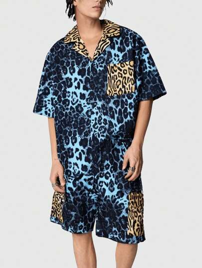 Grunge Punk Men's Grunge Casual Leopard Print Short Sleeve Shirt & Shorts Set