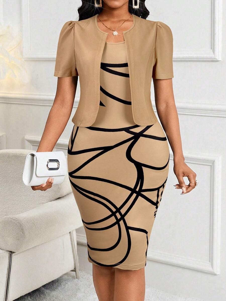 SHEIN Lady Bộ 2 váy bodycon in hình học cho nữ và áo khoác tay bồng ngắn màu trơn - Màu Khaki - Xem 1