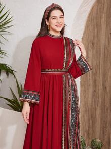 SHEIN Teen Girl's Red Stand Collar Loose Elegant Long Dress, Flared Sleeves, Woven Fabric Contrast Geometric Print, Cinched Waist Waist, Suitable For Eid, National Day, Eid Al-Fitr, Eid Al-Adha Dress
