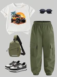 SHEIN 小男孩汽车印花短袖上衣和抽绳工装裤套装 - 白色 - 查看 2