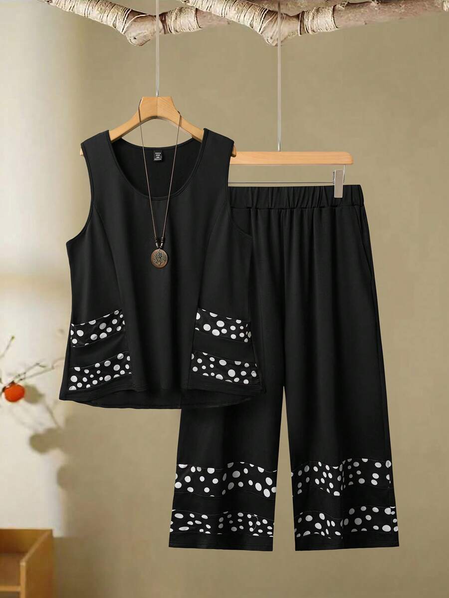 SHEIN LUNE 2pcs/Set Plus Size Women Polka Dot Patchwork Crew Neck Top And 3/4 Length Pants - Black - View 1