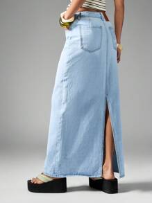 MISSGUIDED Long Denim Maxi Skirt High Waisted Floor Length Y2K Fashion Side Split Classic Spring Summer Festival Skirt - Light Wash - View 2