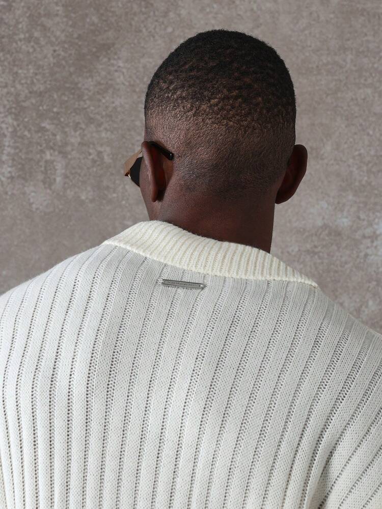 Ribbed Knit Polo Short Sleeve Sweater