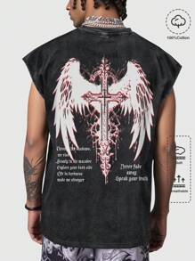 ROMWE MEN Grunge Punk Men's Gothic Cross Print Washed Distressed Sleeveless Tank Top - Black - View 1