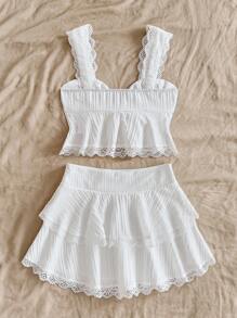 Soleia Zestaw 2 szt.: Damska teksturowana tkana halter strap lace trim fluo vest top i mini spódniczka z warstwowym koronkowym brzegiem, odpowiednia na imprezę, walentynki, randkę, miejską ulicę, wakacje, popołudniową herbatę
