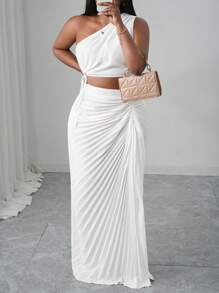 Slaydiva 2 件套大码不对称肩纯色上衣和裙子套装，简约时尚，适合夏季