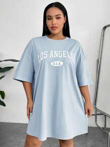 SHEIN EZwear Plus Size Women Letter Print Drop Shoulder Plus Size T-Shirt Dress