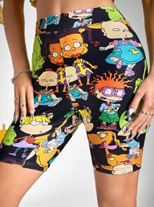 Nick 90s | SHEIN Summer Women's Black Casual Biker Shorts, Cartoon Pattern, For Daily, Going Out, Spring And Summer - Black - View 4