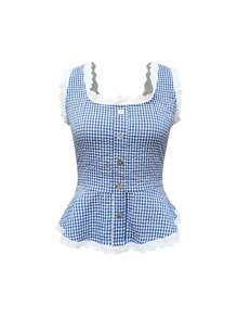 INAWLY Casual Plaid Lace Trim Tank Top, Summer - Blue - View 3