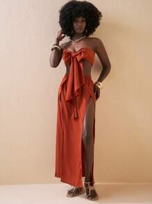 Slaydiva Vacation Style Tight Strapless Tube Top And High Slit Loose Wide Leg Pants For Summer - Brown - View 3