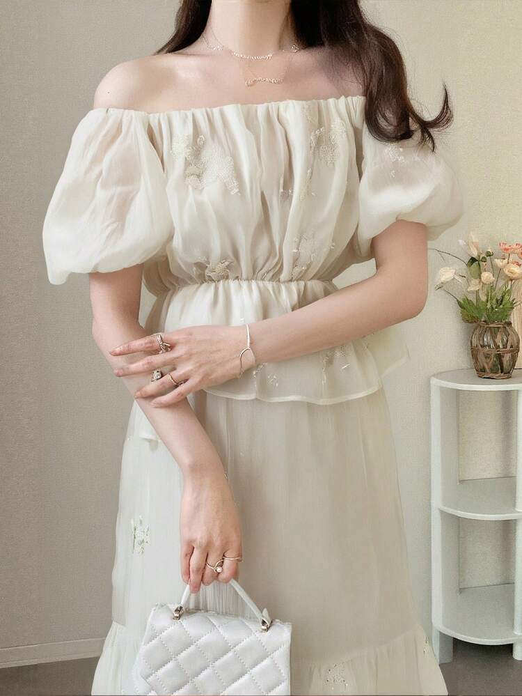 Women's Solid Color Sweetheart Neck Shirt And Mesh Insert Skirt 2 Pieces Set,Ruffle