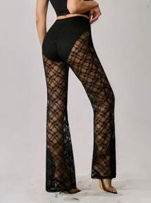 SHEIN Tall Y2K夏季蕾丝三角裤带三角裤防走光透视阔腿裤时尚百搭 - 黑色 - 查看 2