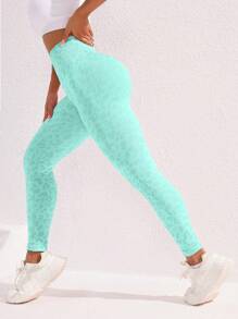 Easithlete Leopard Pattern Jacquard Seamless High Stretch Sports Leggings - Green - View 2