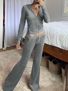 INAWLY Set de 2 piezas de mujer: sudadera con capucha de manga larga con cremallera y unicolor, y pantalones con cordón a la cintura, para otoño - Gris - Ver 1