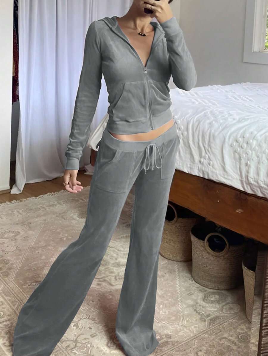 INAWLY Set de 2 piezas de mujer: sudadera con capucha de manga larga con cremallera y unicolor, y pantalones con cordón a la cintura, para otoño - Gris - Ver 1